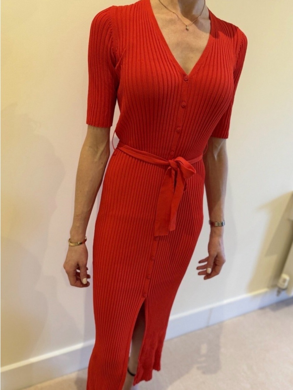 Zara Red Ribbed Button-Front Plunge Neck Midi Dress with Tie Waist
